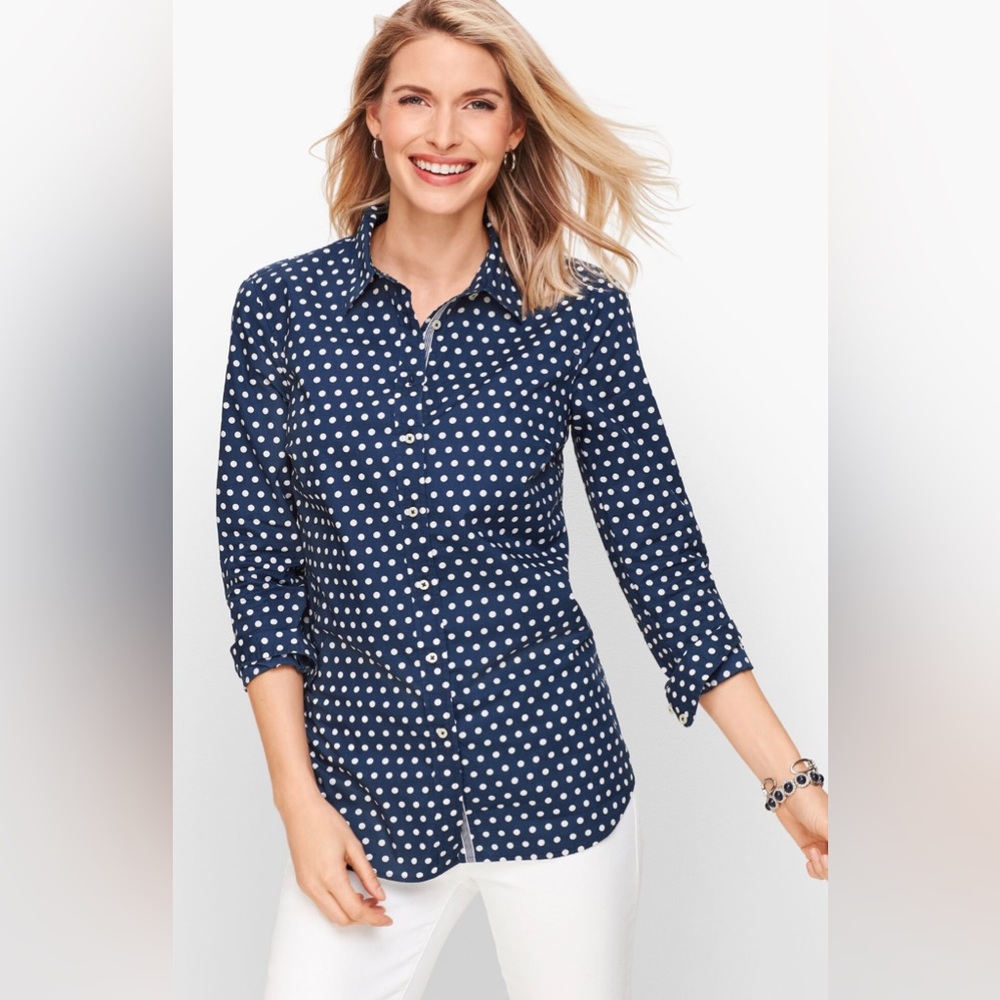 Talbots Navy & White Dot Button Down Classic Shirt